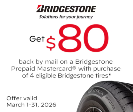 Get $80 back by mail on a Bridgestone Prepaid Mastercard